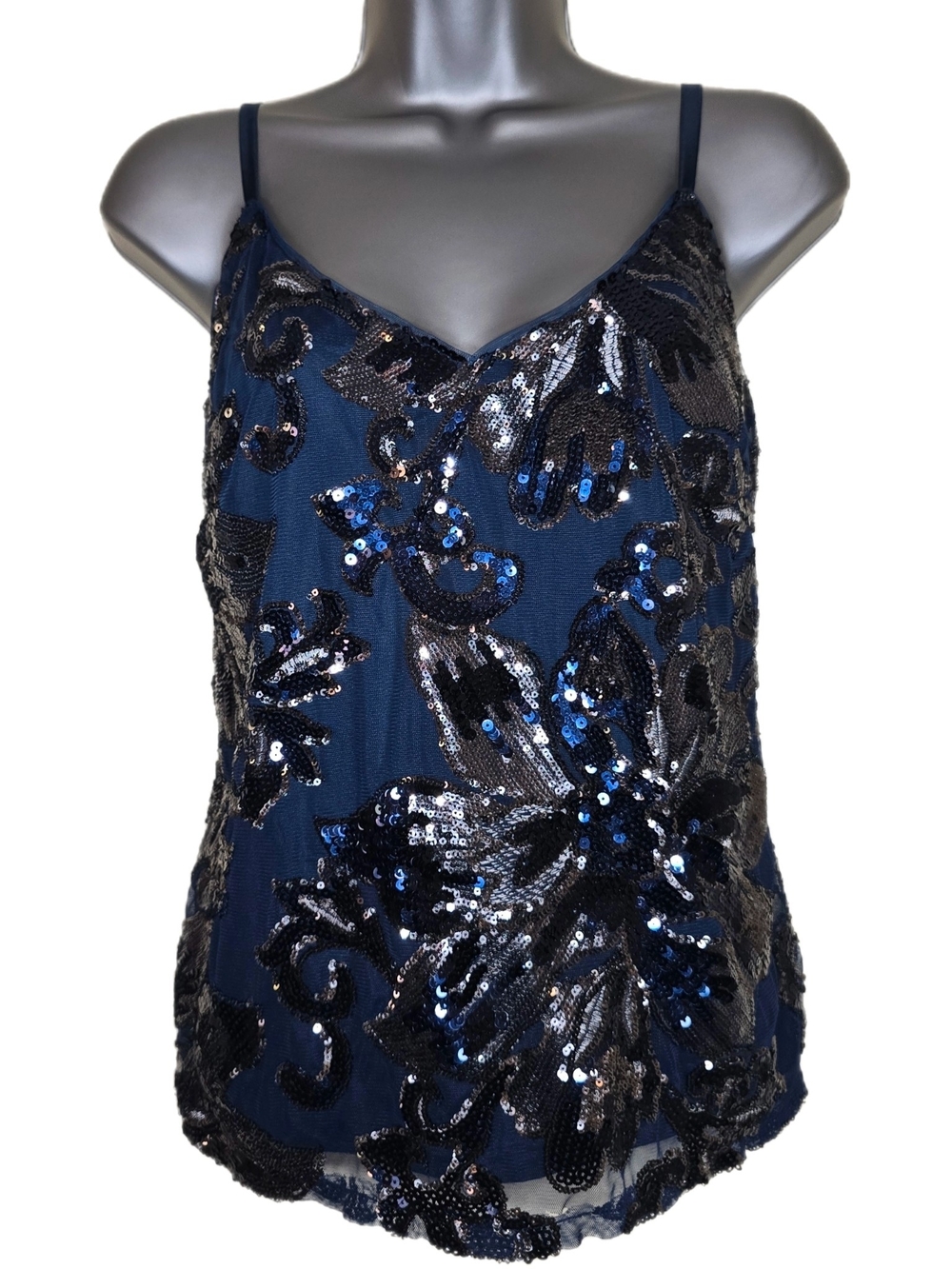 White House Black Market Sequin Mesh Cami Top Size M Navy Blue